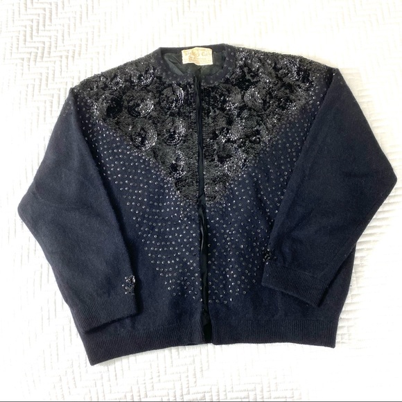Vintage The May Co rare angora blend black sequined cardigan sweater jacket - Picture 8 of 13